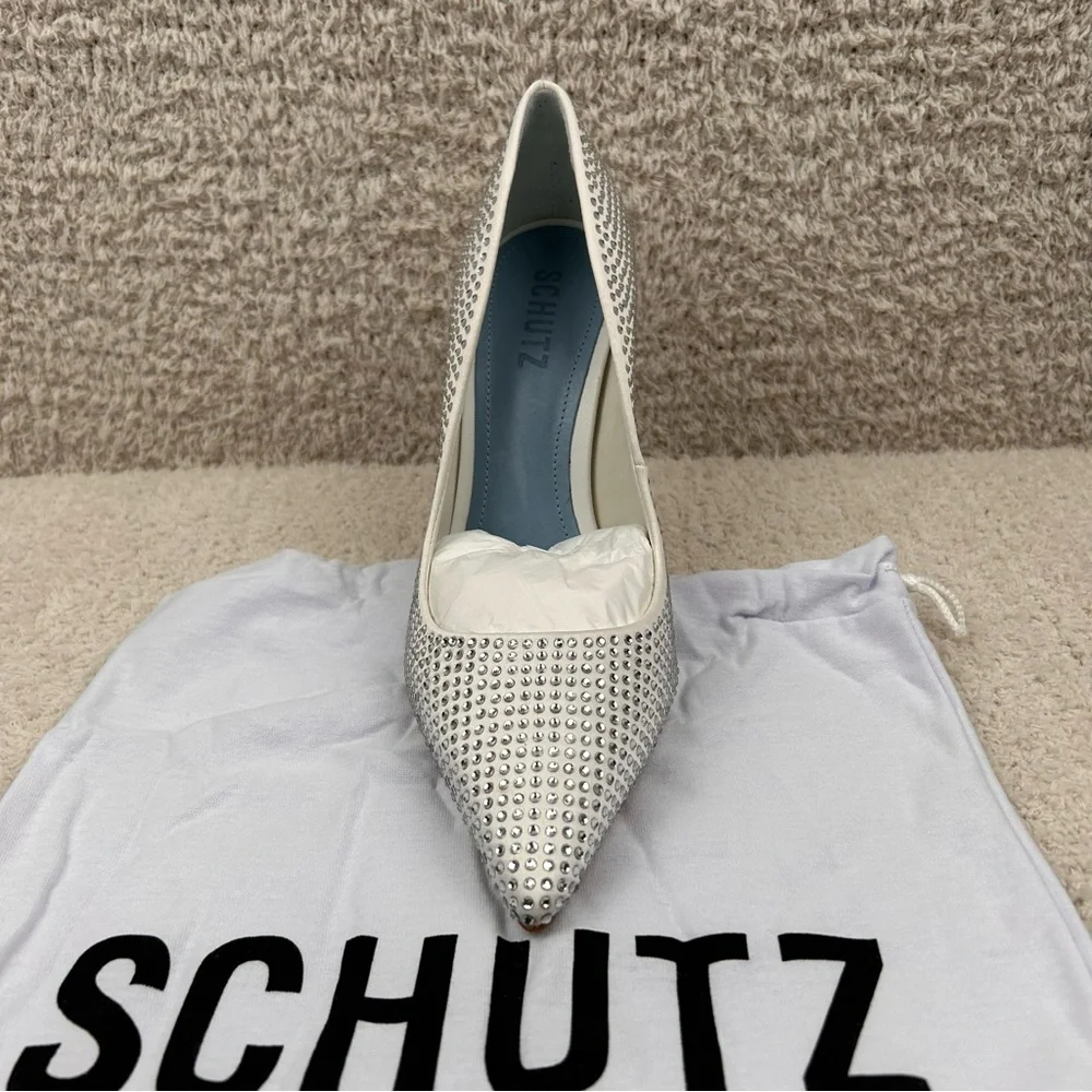 Schutz Heels Womens 7B Lou Crystal White Rhinestones Pointed Toe‎ Bridal Pumps